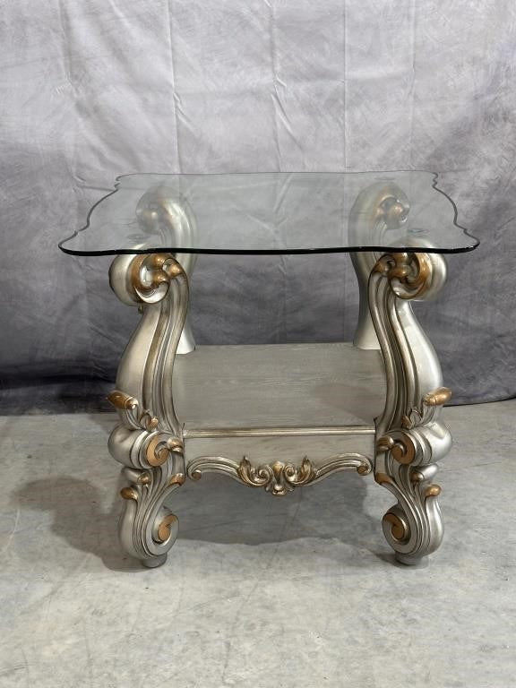 Silver Tone Wooden Coffee Table + 2 Matching End Tables with Glass Tops