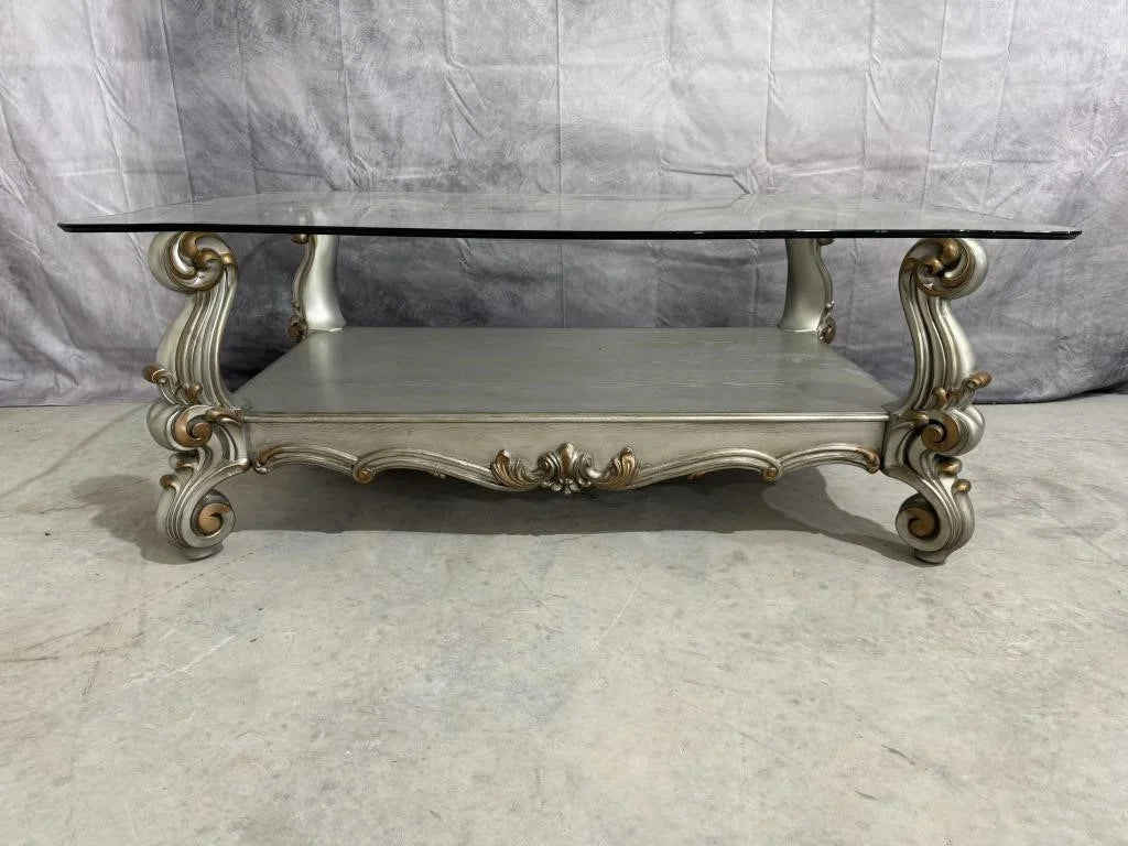Silver Tone Wooden Coffee Table + 2 Matching End Tables with Glass Tops