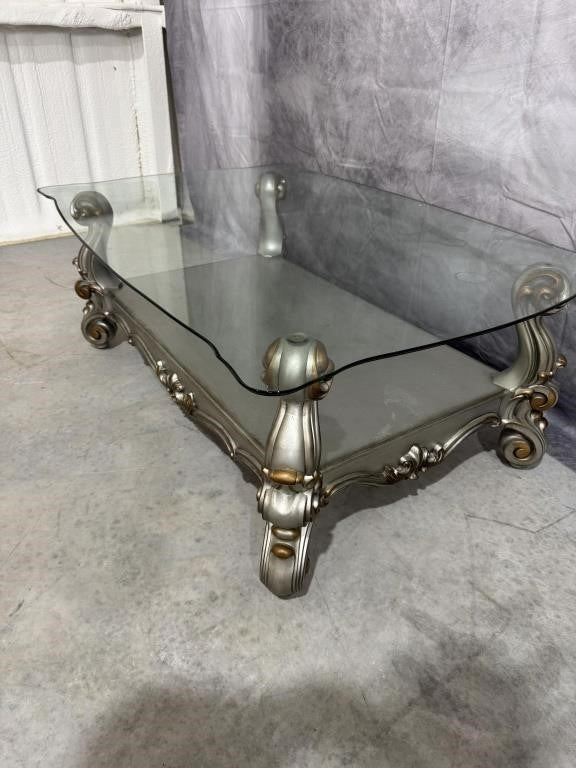 Silver Tone Wooden Coffee Table + 2 Matching End Tables with Glass Tops