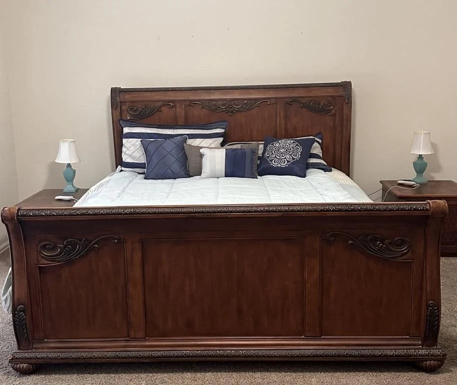 Vintage Carved Wood King Size Bed Frame