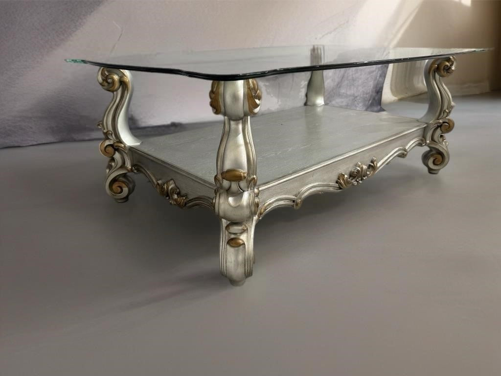 Silver Tone Wooden Coffee Table + 2 Matching End Tables with Glass Tops