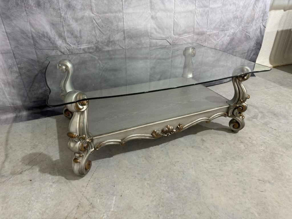 Silver Tone Wooden Coffee Table + 2 Matching End Tables with Glass Tops