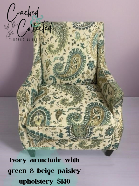 Ivory Armchair with Green & Beige Paisley Upholstery