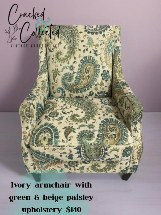 Ivory Armchair with Green & Beige Paisley Upholstery