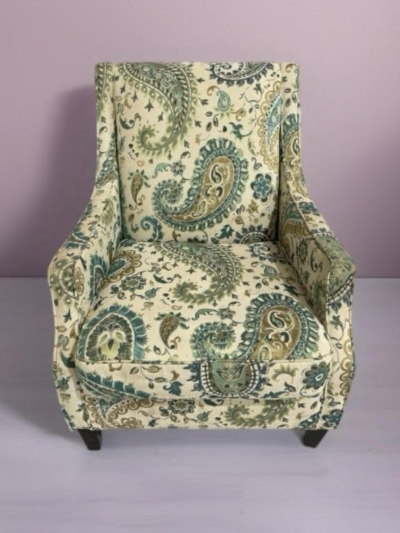 Ivory Armchair with Green & Beige Paisley Upholstery