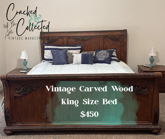 Vintage Carved Wood King Size Bed Frame