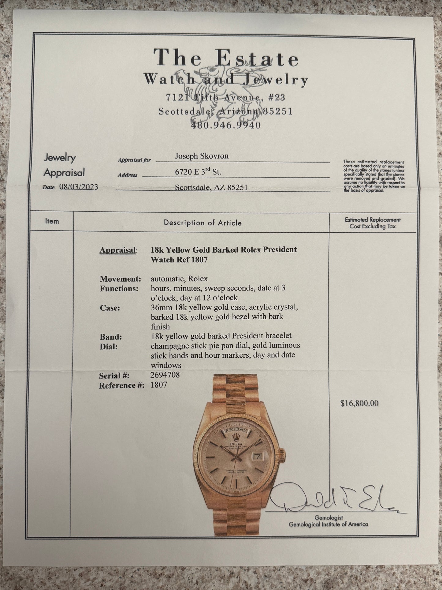 18k Yellow Gold Barked Rolex President Watch Ref 1807