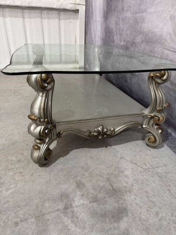 Silver Tone Wooden Coffee Table + 2 Matching End Tables with Glass Tops