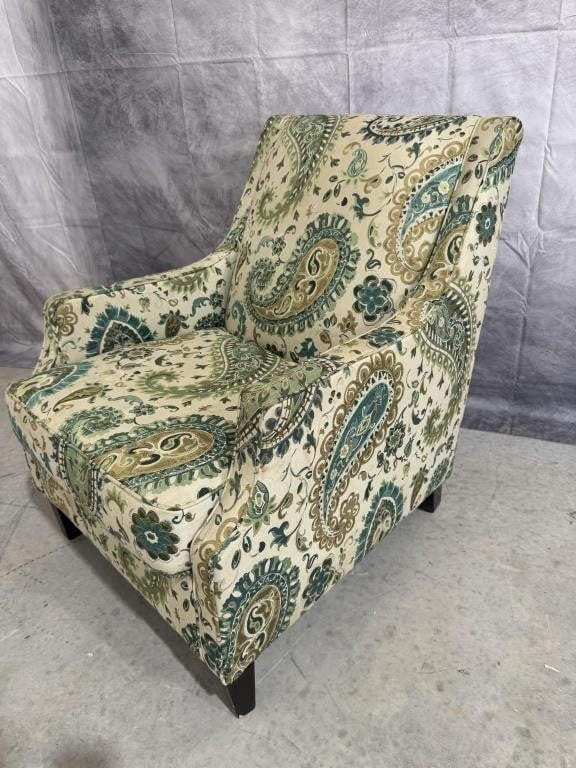 Ivory Armchair with Green & Beige Paisley Upholstery