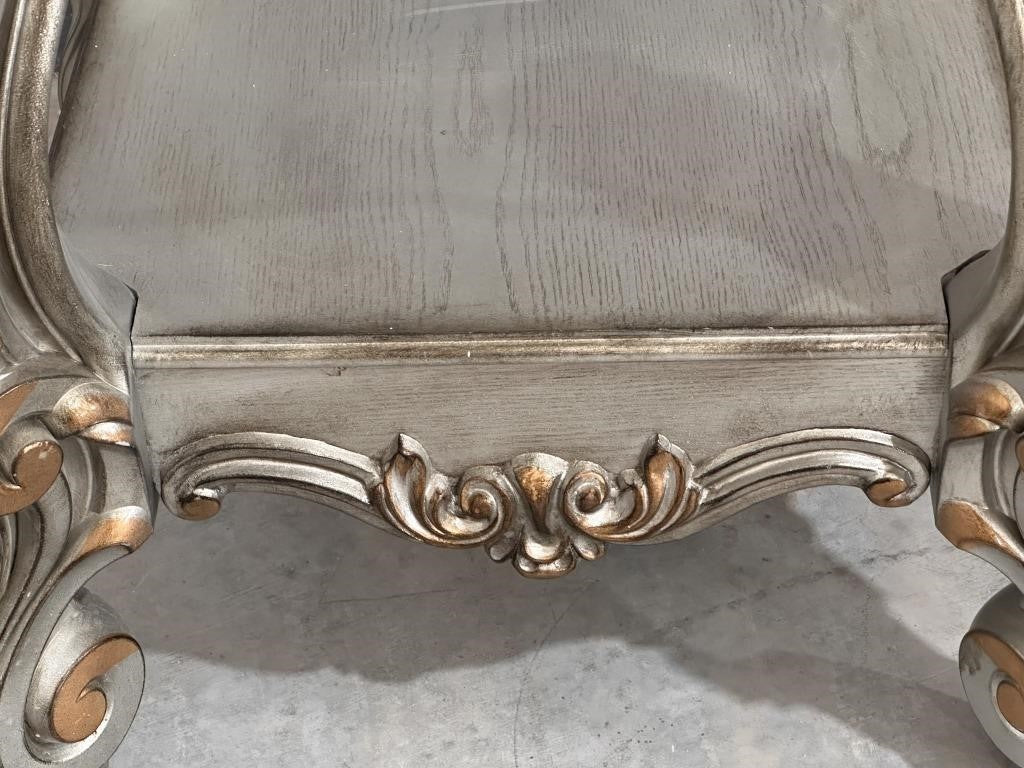 Silver Tone Wooden Coffee Table + 2 Matching End Tables with Glass Tops