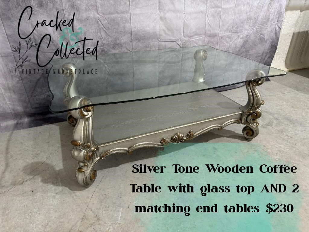 Silver Tone Wooden Coffee Table + 2 Matching End Tables with Glass Tops