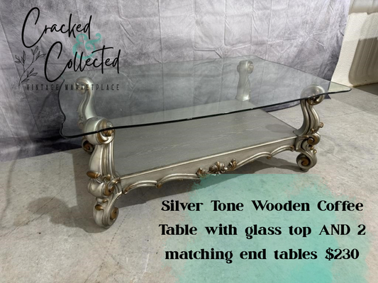 Silver Tone Wooden Coffee Table + 2 Matching End Tables with Glass Tops